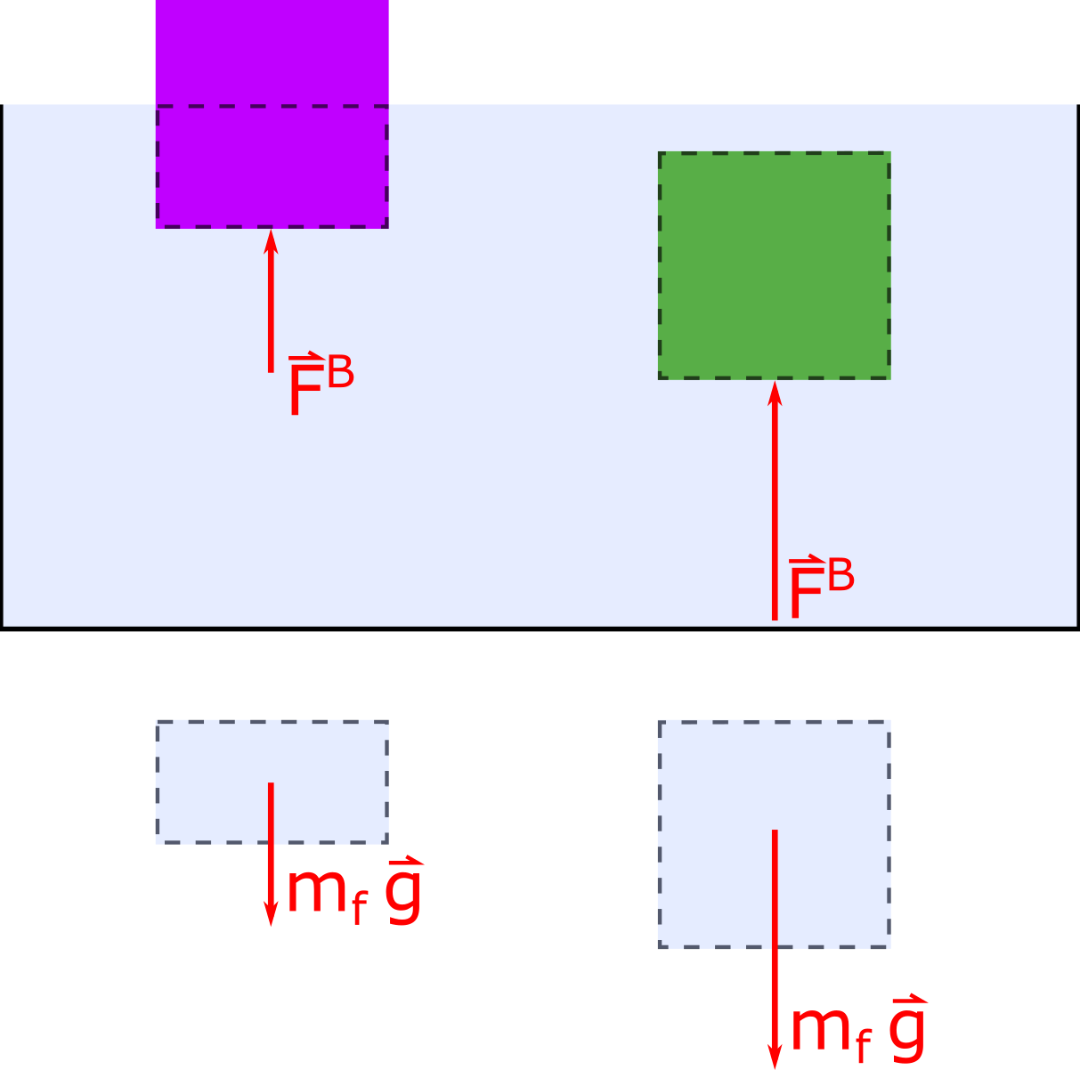 This is a representation of two objects in a container of liquid. The first object is partially submerged under water with a buoyant force pushing the object up. The volume that is submerged under water has some downward force denoted as mass times gravity. The second object is completely submerged underwater with a greater buoyant force that is pushing up against the object and a greater force of gravity pointing down. 