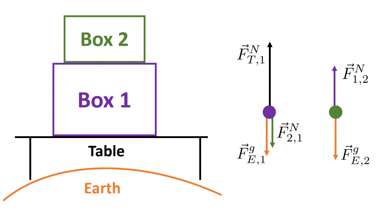 An image that shows the earth, with the table, box one and box two all stacked on top of each other. On the right there are two free body diagrams of box one and box two. On box one which is between the table and box two has the normal force from the table going up and the force of gravity and the normal force from box two going down. On box two which is on top of box two has the normal force from the table going up and the force of gravity going down. 