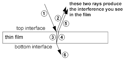 This is an image of a light ray and three different mediums. The light first travels through the first medium and enters the second medium called the thin film. Some of the light gets reflected while some part of it enters the medium. The light that entered the thin film is refracted at some angle and enters the third medium and the light is refracted at some angle again. Some of the remaining light enters the third medium while some of it is reflected out. The two rays that were reflected back produce the interference you would see in the film. 