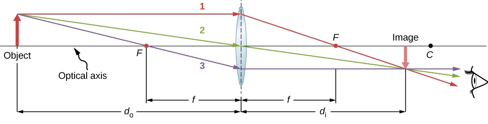 This is an image of a ray drawing of a converging lens. It shows an an object on one side and the image inverted upside down behind the lens and an eye behind the lens seeing the image upside down. The distance between the object is labeled as d naught and the distance between the image and the lens is labeled as d i and the distance between the focal points to the lens is labeled as f. 