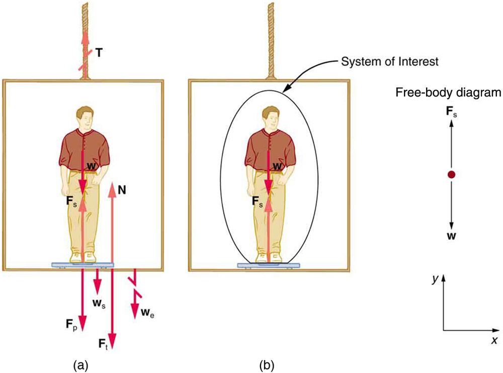 This is a picture of two scenarios with the same person in the same elevator. In the first scenario, the man, a scale that the man is standing on, the elevator and the rope are all part of the system and there are arrows depicting the various forces present and its direction. In the second scenario but with the system of interest only drawn as a circle around the man which does not include the elevator or the scale. This is to show that the problem can be made simpler if we only take into consideration the forces of interest. On the right, there is a depiction of the free-body-diagram of the object of interest as well as the y and x axis. 