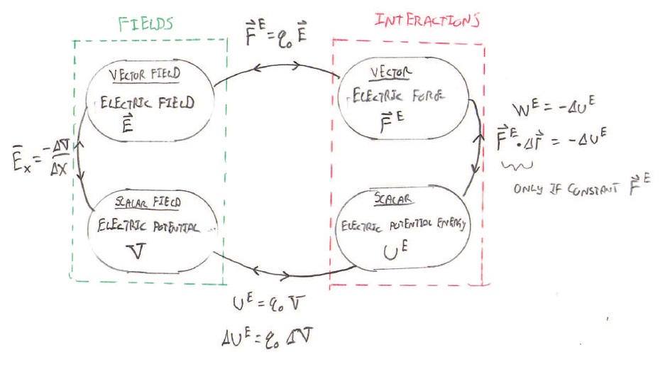 This is an image showing how electric field, electric potential, electric force and electric potential energy are related. The electric potential in voltage is a scalar field that is related to the electric field which is a vector field by the equation electric field is equal to the negative change in voltage divided by the change in position. The electric field which is a vector field is related to the electric force which is a vector interaction by the equation electric force is equal to q naught multiplied by the electric field. The electric force which is a vector interaction is related to the electric potential energy which is a scalar interaction by the equations the negative change in electric potential energy is equal to the electric work. Another equation to show this is the electric force dot product of the change in position (but this is only true if there is a constant electric force) and this is equal to negative electric potential energy. The electric potential energy which is a scalar interaction is related to the electric potential which is a scalar field by the equations the potential electric energy is equal to q multiplied by the voltage and the change in electric potential energy is equal to q multiplied by the change in voltage. 