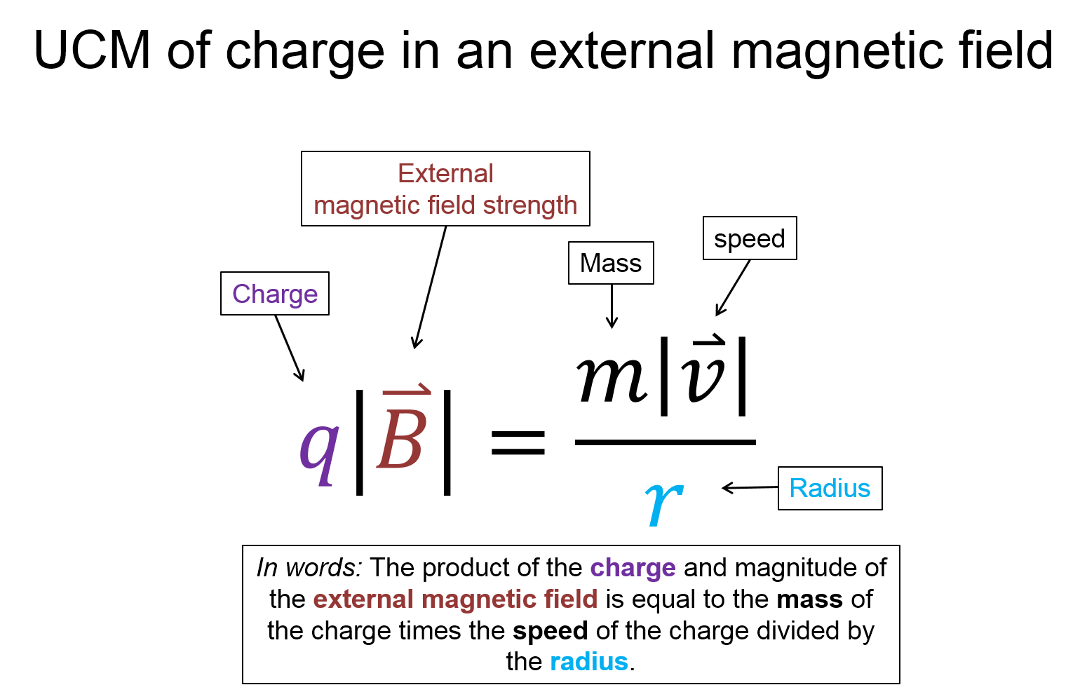 A representation with the words uniform circular motion of a charge in an external magnetic field on the top. There is an equation that shows that the product of the charge and the magnitude of the external magnetic field is equal to the mass of the charge times the speed of the charge divided by the radius. This is also written in words below. 